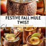 Festive Apple Cider Mule cocktail garnished with fresh apple wheels and cinnamon in a copper mug.
